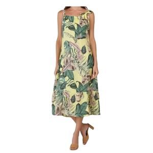 BELLAMBRA | Leaf Print Linen Midi Dress | L | Yellow